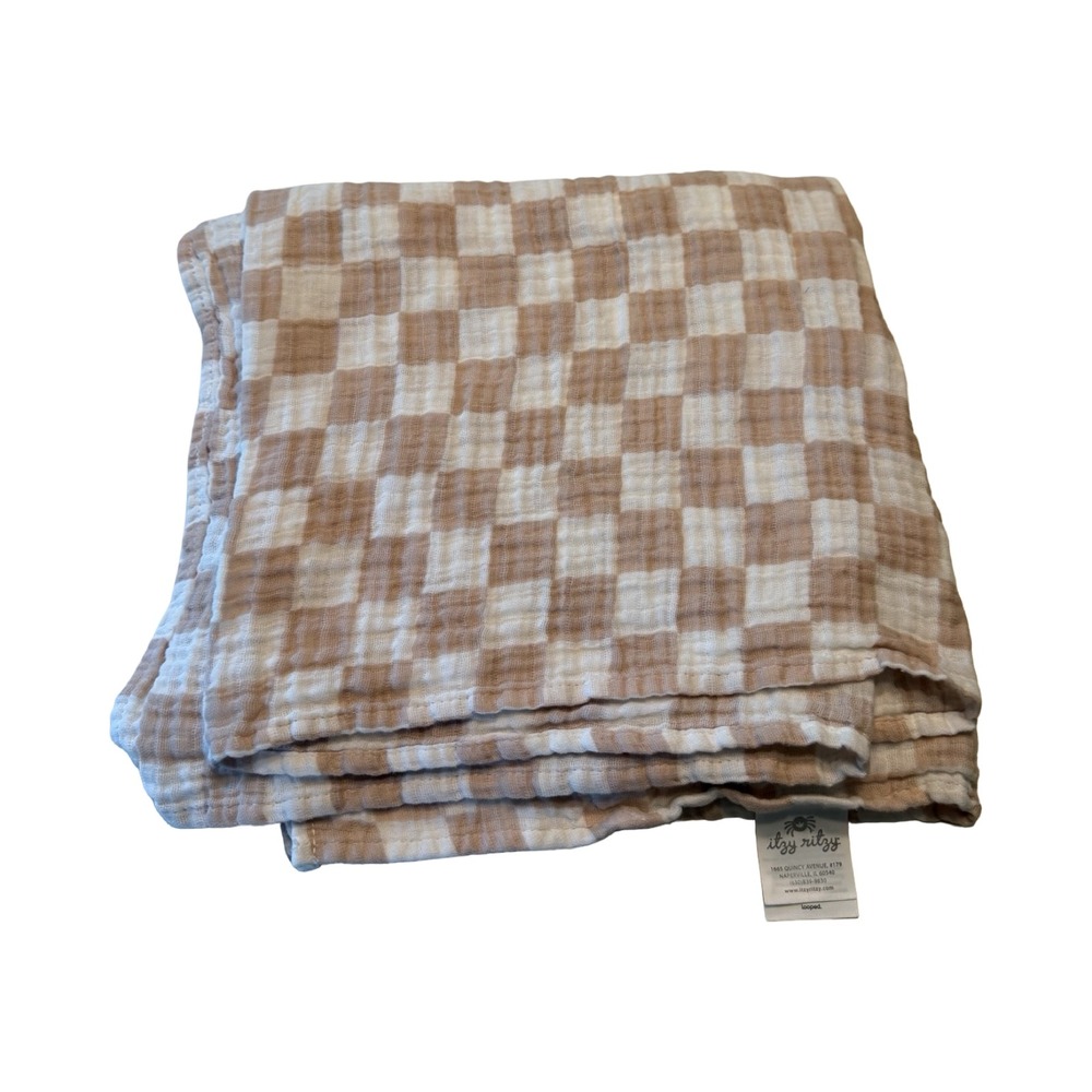 Itzy Ritzy Tan White Checkered Muslin Cotton Swaddle Blanket Neutral Boho